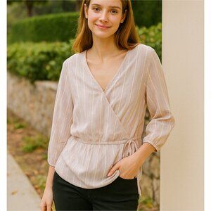 Andrew Marc NY Blouse Pink Striped 3/4 Sleeves Lightweight Cotton Womens Size L